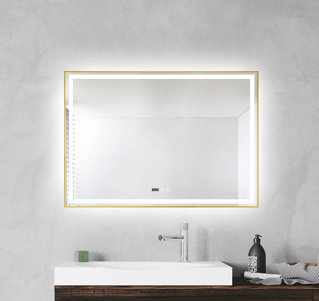 Lustro łazienkowe LED 80x120 cm prostokątne w złotej ramie zegar J147