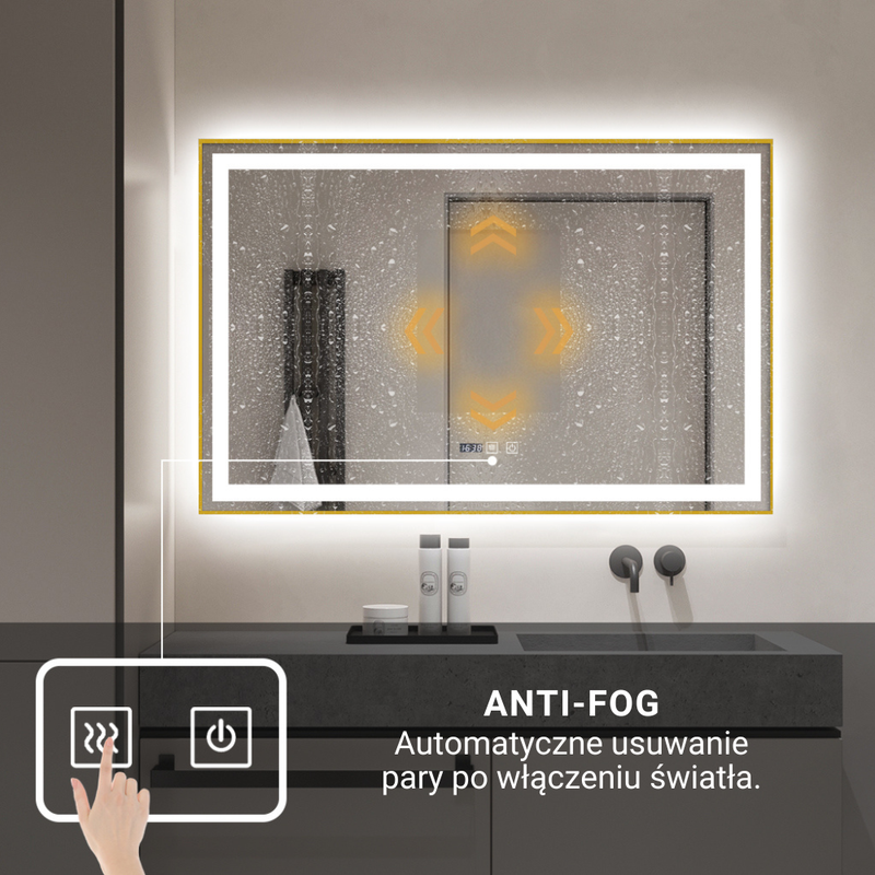 Lustro podświetlane LED 100x65 cm prostokątne w złotej ramie + zegar J121