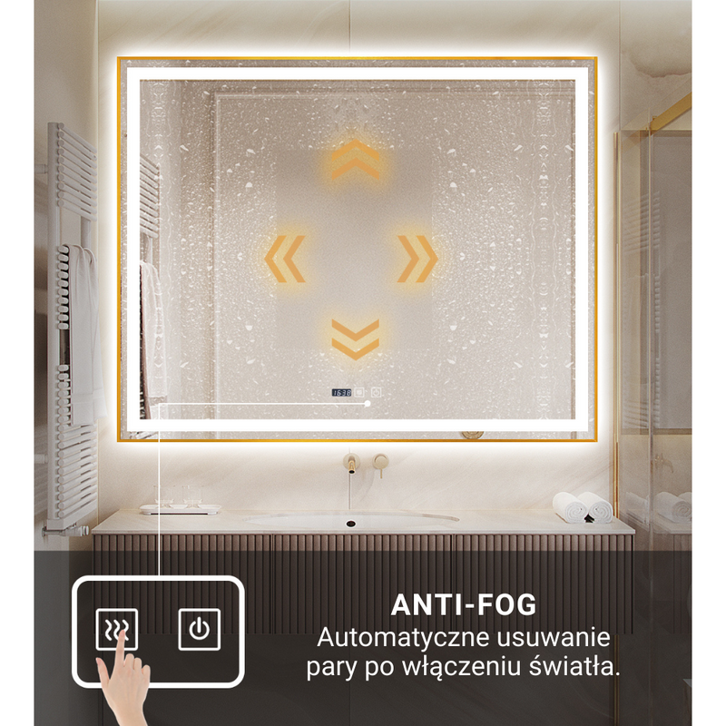 Lustro podświetlane LED 80x120 cm prostokątne w złotej ramie + zegar J046