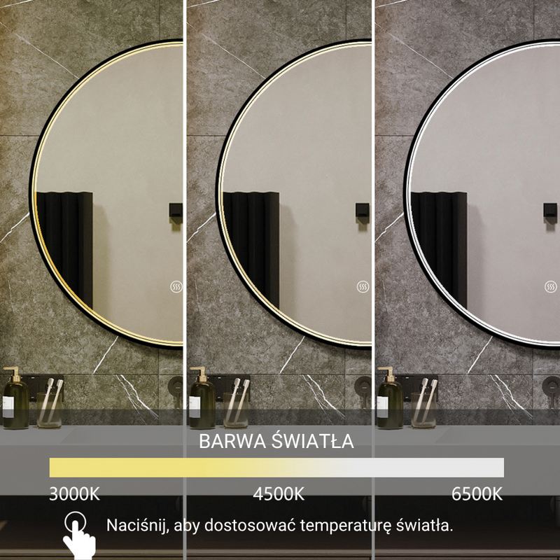 Lustro podświetlane LED 70 cm okrągłe H-2051B z czarną ramą