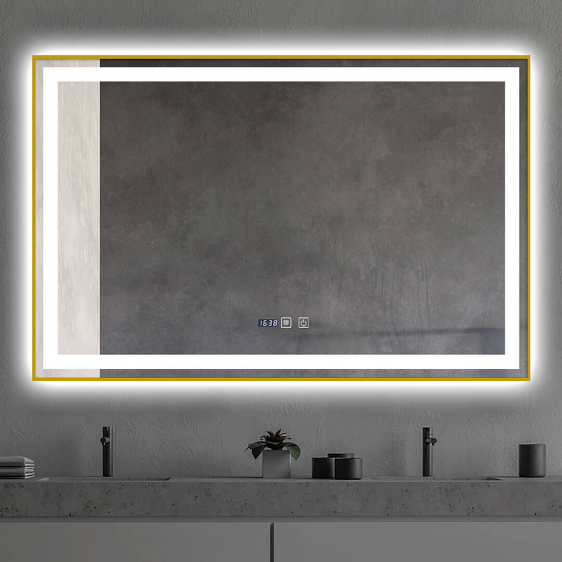 Lustro podświetlane LED 100x65 cm prostokątne w złotej ramie + zegar J121