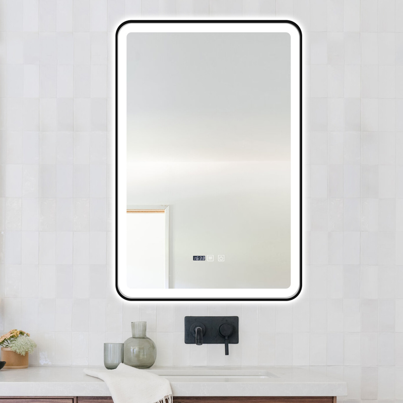 Lustro podświetlane LED 60x90 cm prostokątne J136 w czarnej ramie + zegar