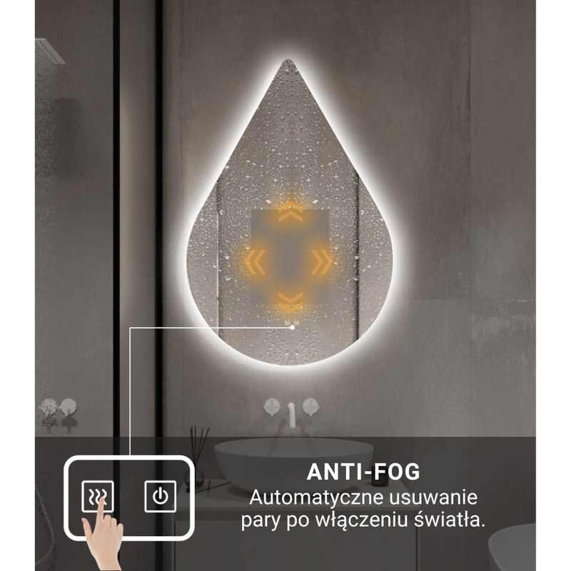 Lustro łazienkowe podświetlane LED asymetryczne dekoracyjne 60x90 cm w kształcie kropli łezki J3009