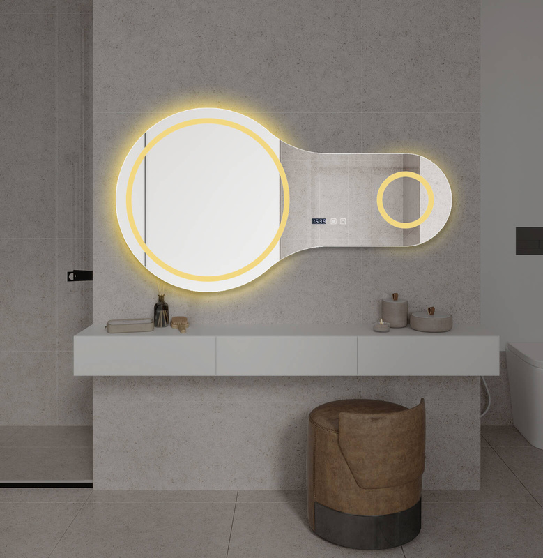 Lustro podświetlane LED 110x60 cm asymetryczne nieregularne okrągłe + zegar J3012