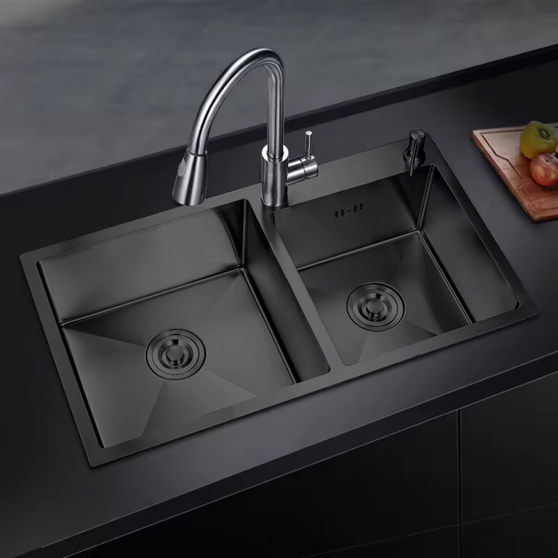 Zlewozmywak stalowy dwukomorowy 78x43 czarny + syfon GRATIS