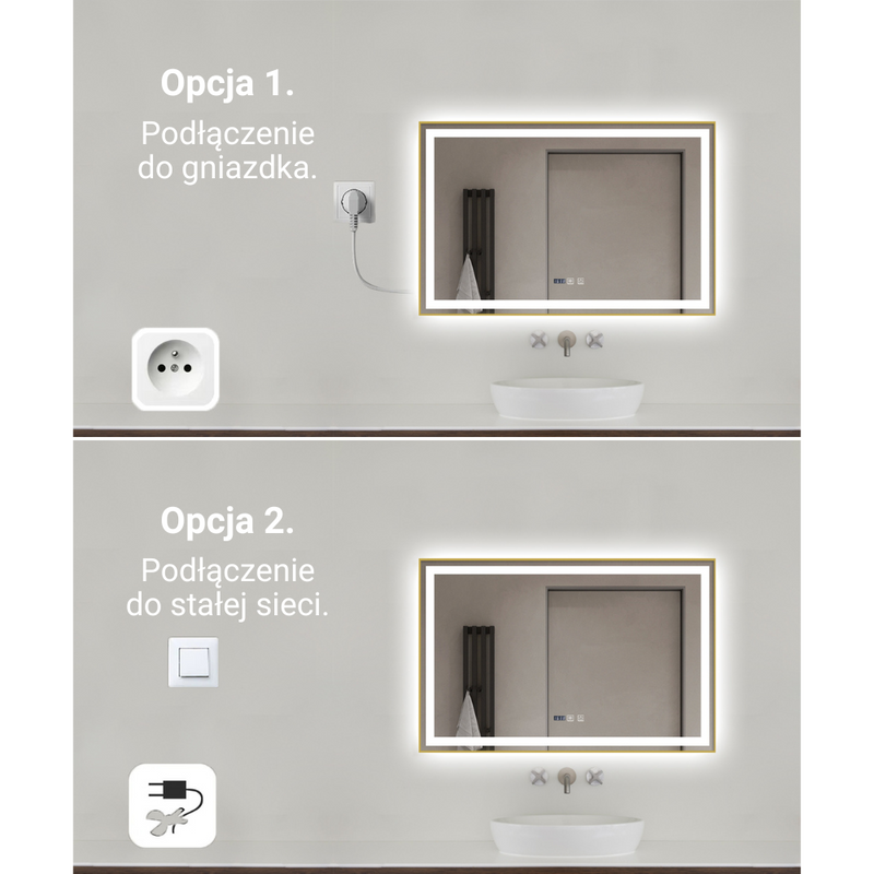 Lustro podświetlane LED 100x65 cm prostokątne w złotej ramie + zegar J121