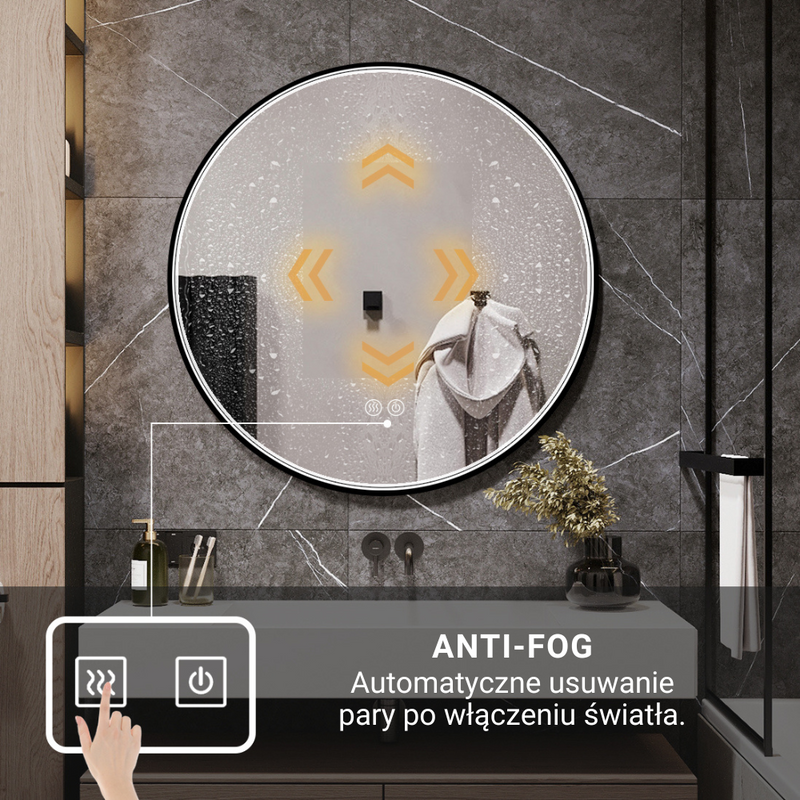 Lustro podświetlane LED 70 cm okrągłe H-2051B z czarną ramą