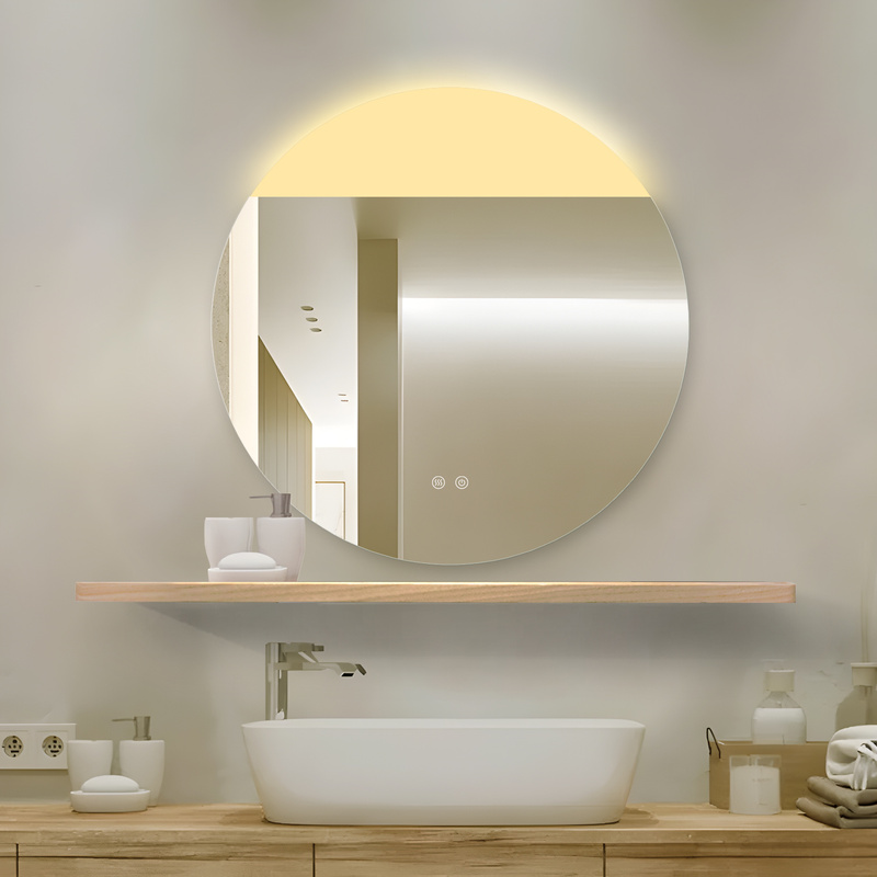 Lustro z półką podświetlane LED 70 cm okrągłe z półką drewnianą H-2008