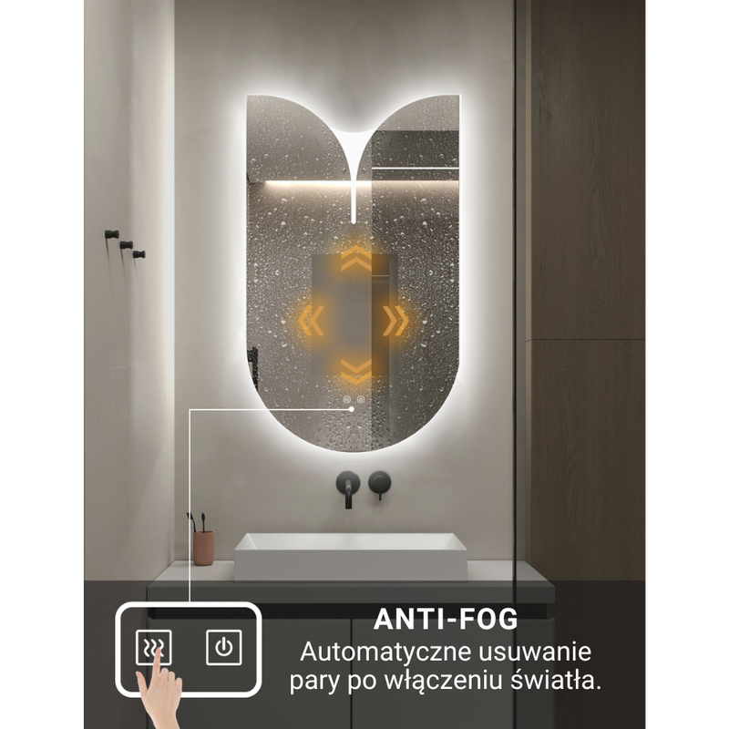 Lustro podświetlane LED asymetryczne dekoracyjne 60x100 cm półowalne z wycięciem J3054