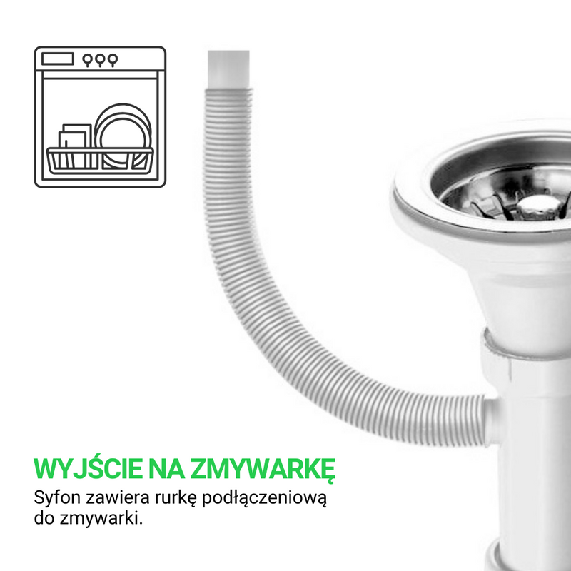 Syfon do zlewozmywaka z sitkiem i przyłączem do zmywarki biały rurowy PVC