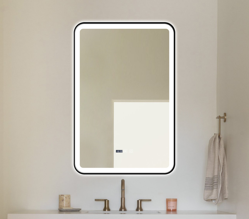 Lustro podświetlane LED 60x90 cm prostokątne J136 w czarnej ramie + zegar