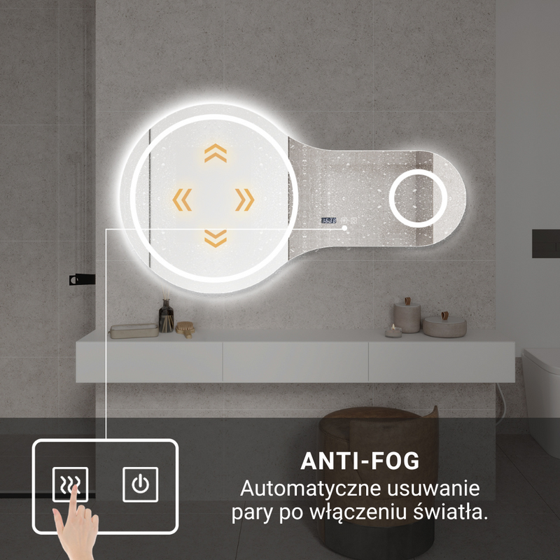 Lustro podświetlane LED 110x60 cm asymetryczne nieregularne okrągłe + zegar J3012