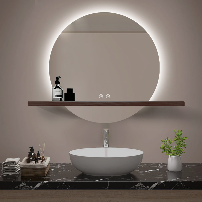 Lustro z półką podświetlane LED 60 cm okrągłe z półką drewnianą J490