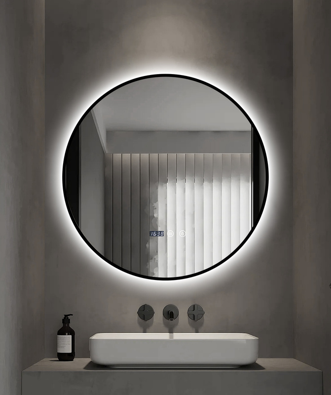 Lustro podświetlane LED 60 cm okrągłe J181 w czarnej ramie + zegar