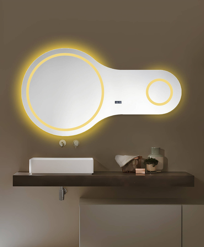 Lustro podświetlane LED 110x60 cm asymetryczne nieregularne okrągłe + zegar J3012