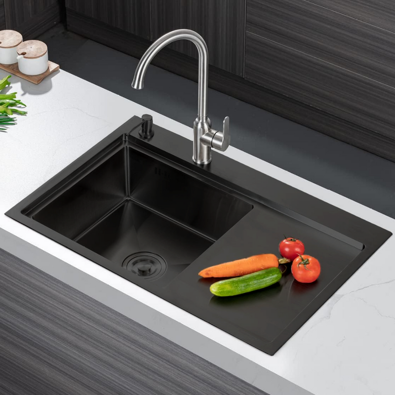 Zlewozmywak stalowy z ociekaczem po prawej stronie 78x49 czarny + syfon GRATIS