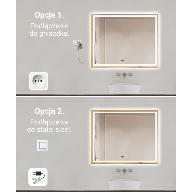 Lustro podświetlane LED 80x100 cm prostokątne w złotej ramie + zegar J043