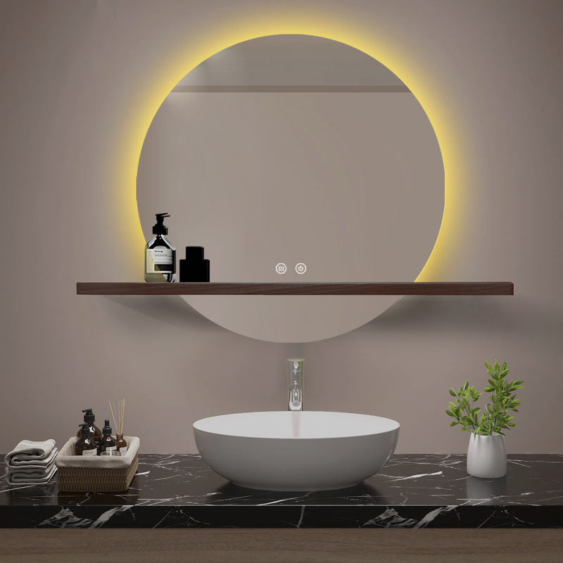 Lustro z półką podświetlane LED 60 cm okrągłe z półką drewnianą J490