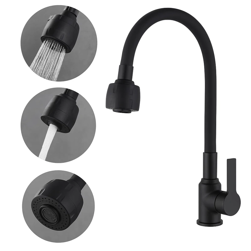 Bateria kuchenna czarna matowa ARCO – kran kuchenny z elastyczną wylewką, obrotowa 360°, 2 strumienie, perlator ECO