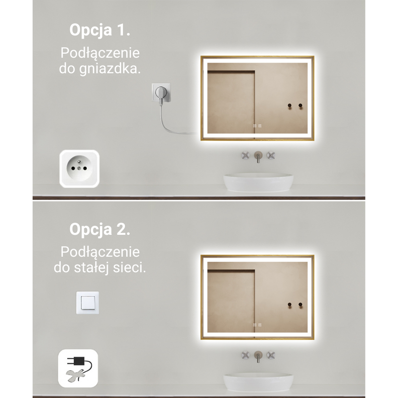 Lustro podświetlane LED 80x60 cm prostokątne w złotej ramie J127