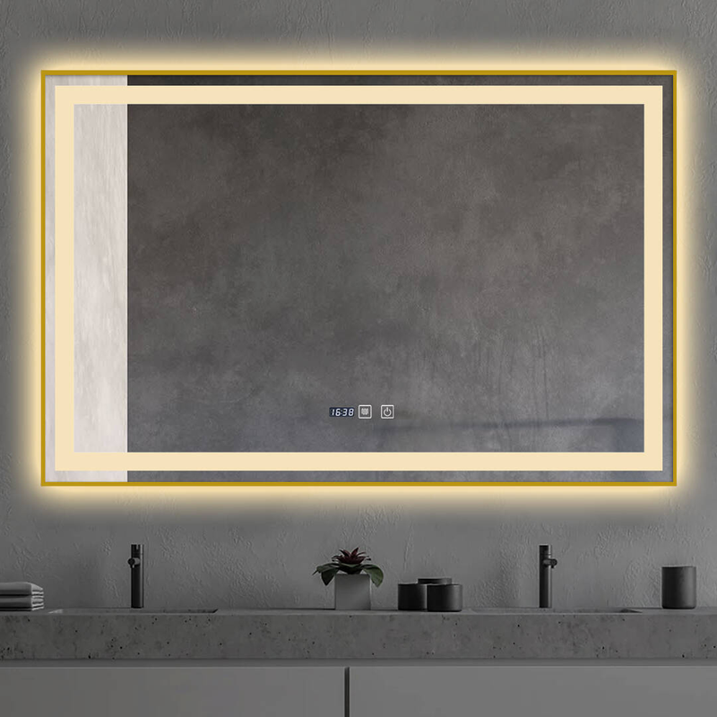 Lustro podświetlane LED 100x65 cm prostokątne w złotej ramie + zegar J121
