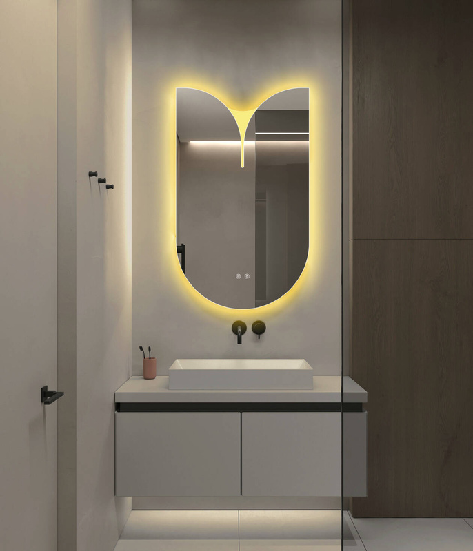 Lustro podświetlane LED asymetryczne dekoracyjne 60x100 cm półowalne z wycięciem J3054