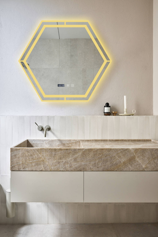 Lustro podświetlane LED 70x70 cm sześciokątne + zegar J3053