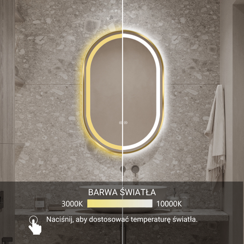 Lustro podświetlane LED 50x75 cm owalne w złotej ramie J3320G