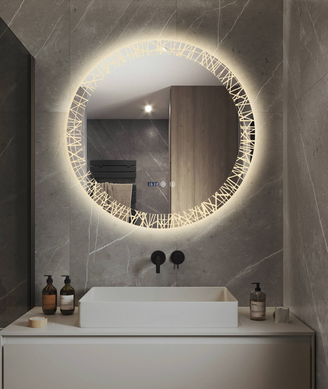 Lustro podświetlane LED dekoracyjne 70 cm okrągłe + zegar J176