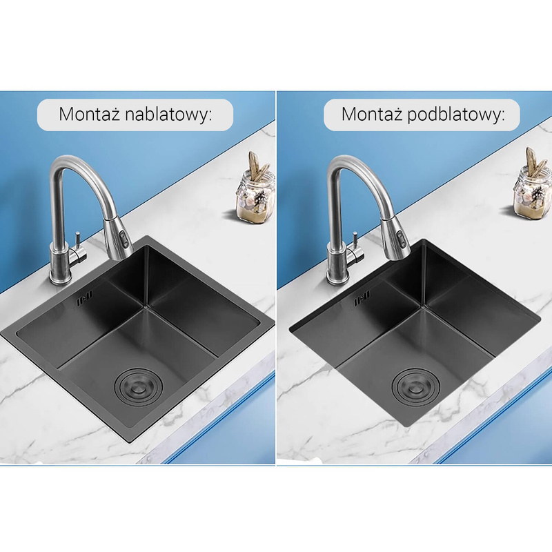 Zlewozmywak stalowy 37x45 czarny + syfon GRATIS podblatowy, podwieszany