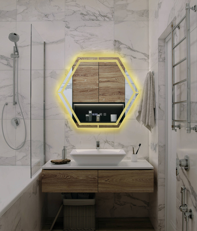 Lustro podświetlane LED 70x70 cm sześciokątne + zegar J3053