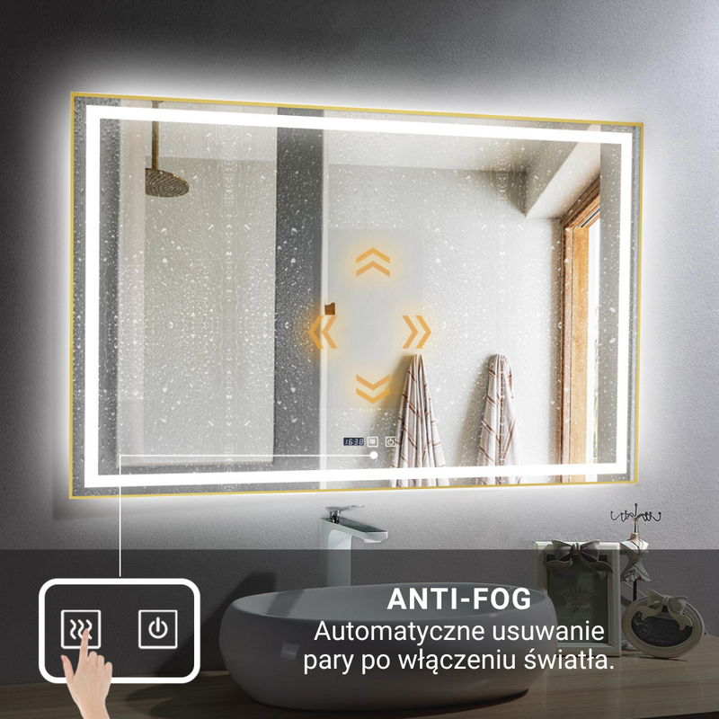 Lustro podświetlane LED 80x120 cm prostokątne w złotej ramie + zegar J147