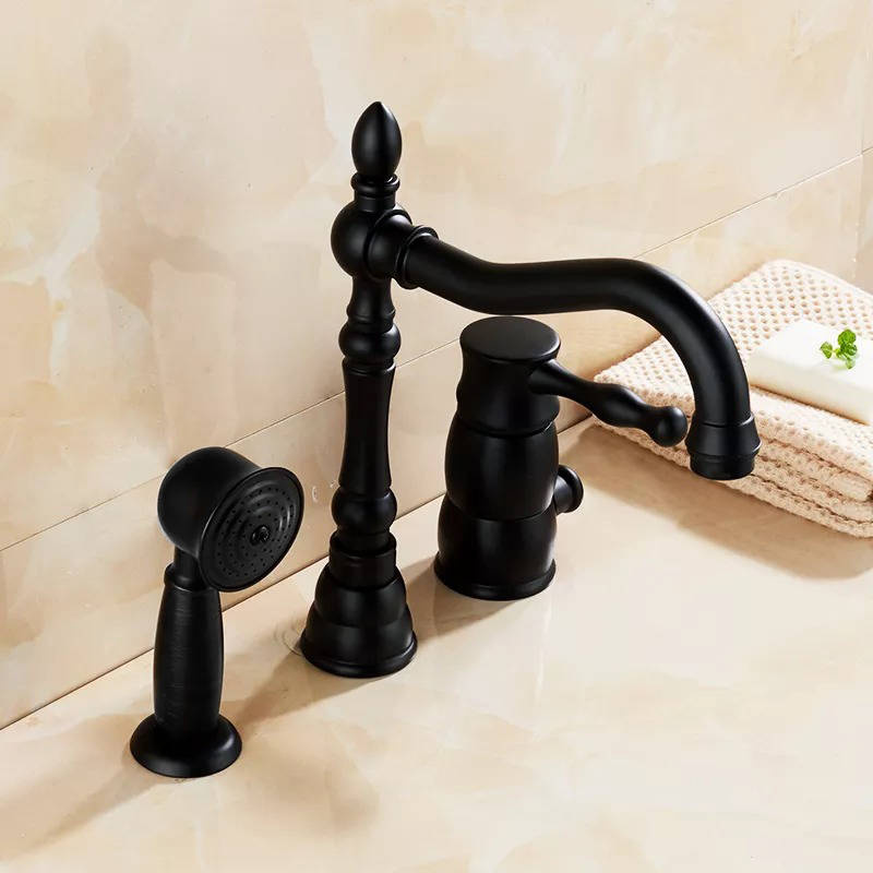 Czarna bateria wannowa 3-otworowa stojąca RETRO GLIT