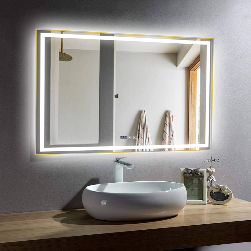 Lustro podświetlane LED 80x120 cm prostokątne w złotej ramie + zegar J147