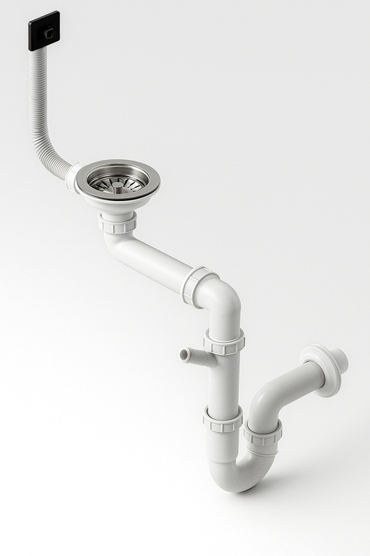 Syfon do zlewozmywaka oszczędzający miejsce z sitkiem i przyłączem do zmywarki biały rurowy PVC