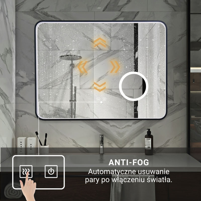 Lustro podświetlane LED 80x60 prostokątne w czarnej ramie H-1422 powiększające