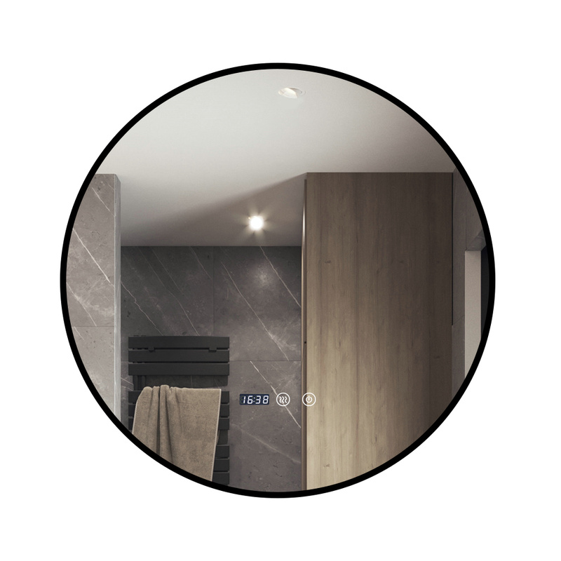 Lustro podświetlane LED 60 cm okrągłe J181 w czarnej ramie + zegar