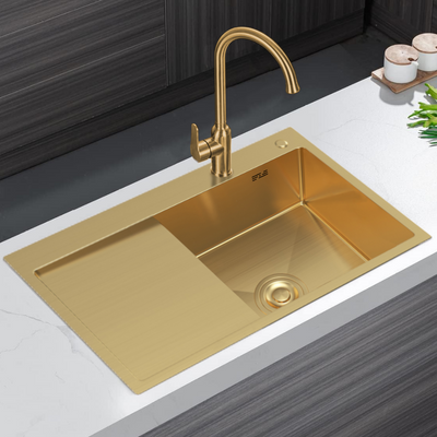 Zlewozmywak stalowy z ociekaczem po lewej stronie 78x49 złoty + syfon GRATIS