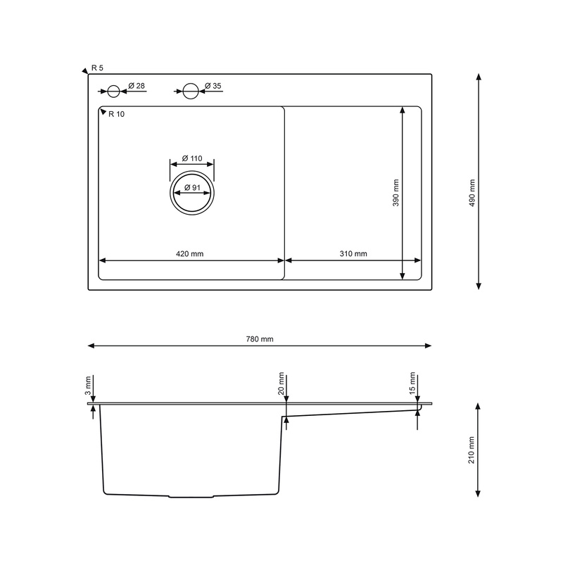 Zlewozmywak stalowy z ociekaczem po prawej stronie 78x49 czarny + syfon GRATIS