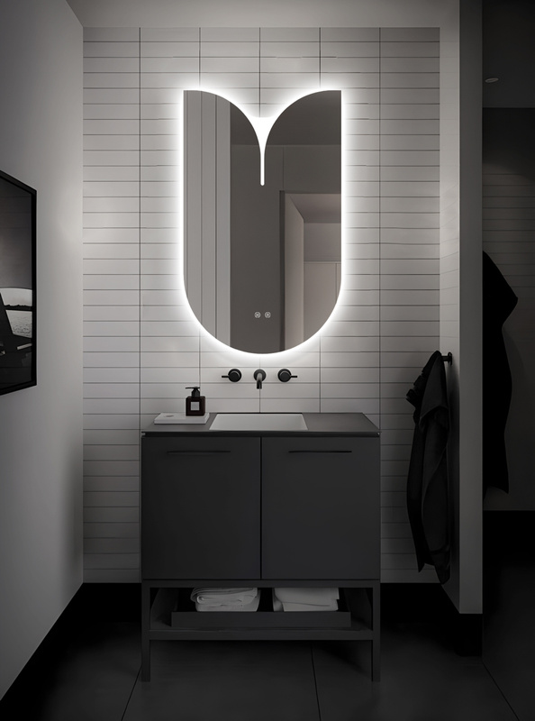 Lustro podświetlane LED asymetryczne dekoracyjne 60x100 cm półowalne z wycięciem J3054