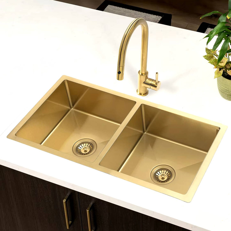 Zlewozmywak stalowy dwukomorowy 80x45 złoty + syfon GRATIS podblatowy, podwieszany