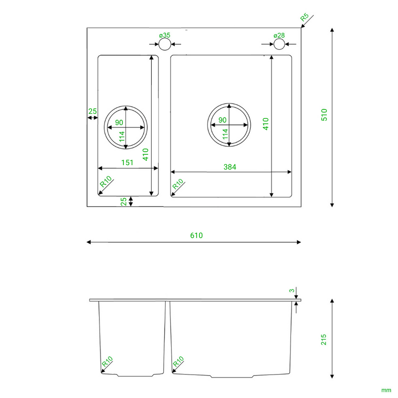 Zlewozmywak stalowy dwukomorowy 61x51 inox + syfon GRATIS