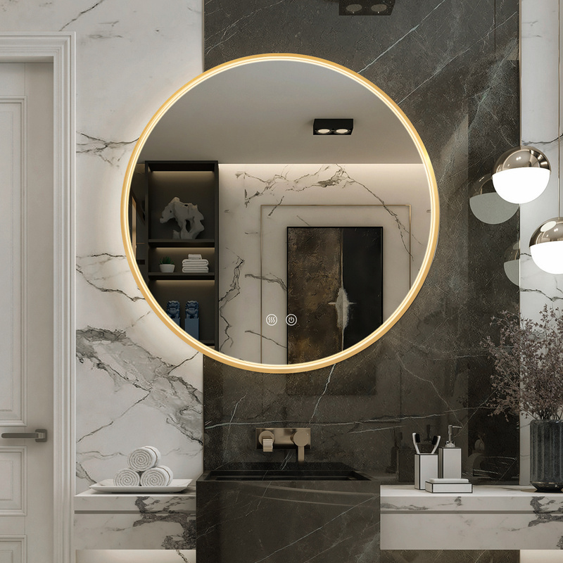 Lustro podświetlane LED 70 cm okrągłe H-2051G ze złotą ramą