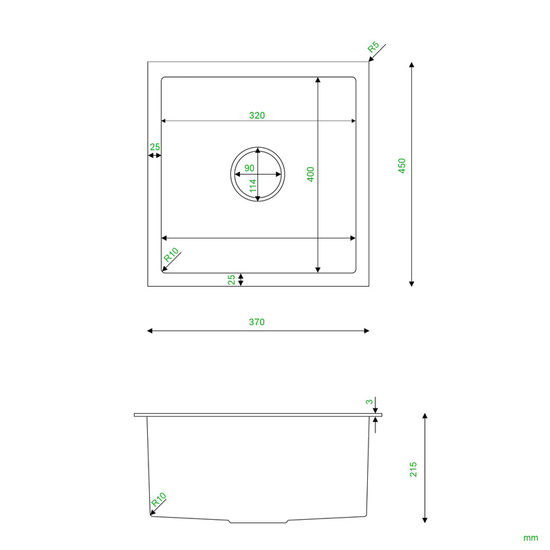 Zlewozmywak stalowy 37x45 czarny + syfon GRATIS podblatowy, podwieszany
