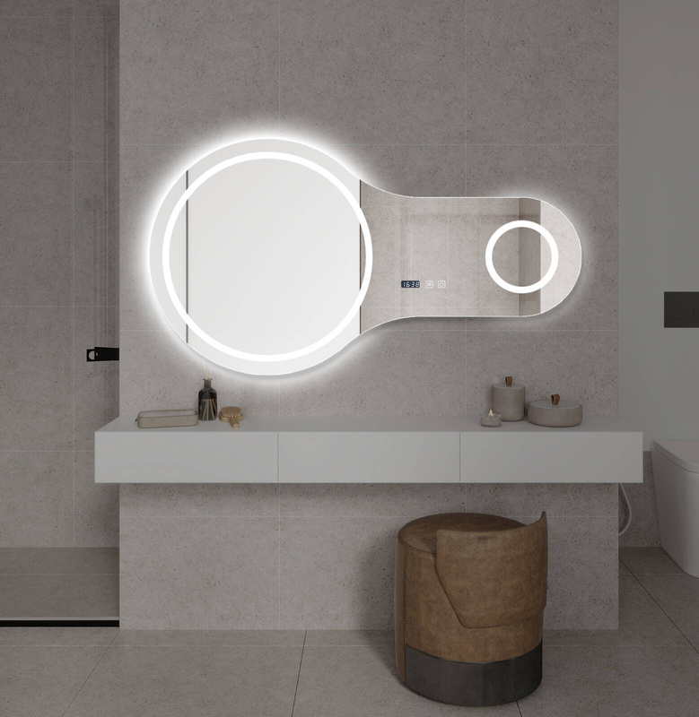 Lustro podświetlane LED 110x60 cm asymetryczne nieregularne okrągłe + zegar J3012