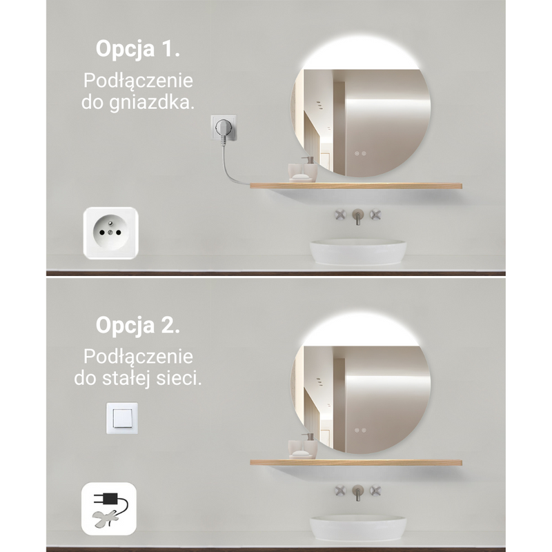 Lustro z półką podświetlane LED 70 cm okrągłe z półką drewnianą H-2008