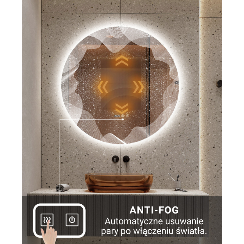 Lustro podświetlane LED dekoracyjne 80 cm okrągłe + zegar J177