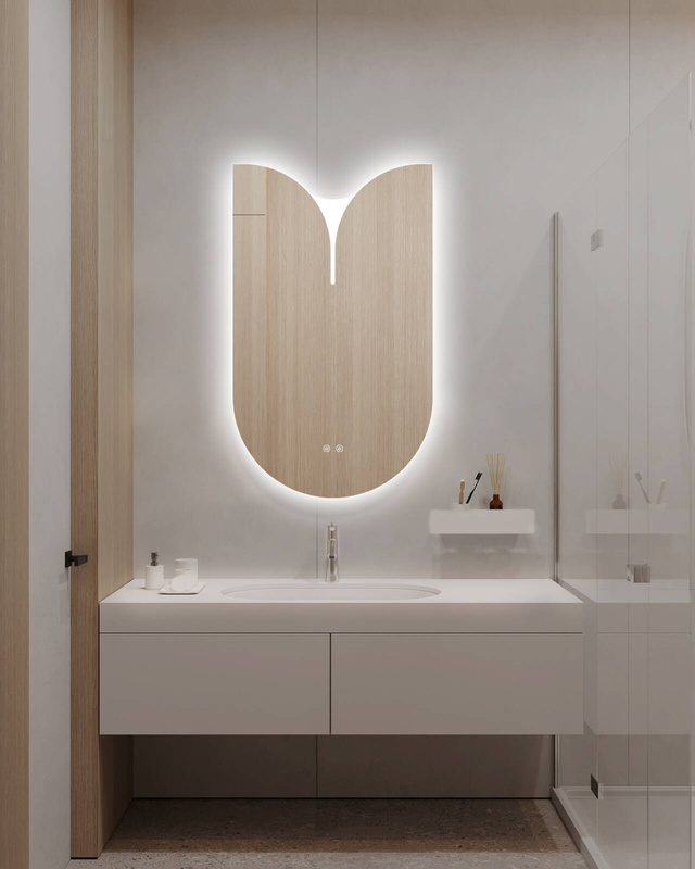 Lustro podświetlane LED asymetryczne dekoracyjne 60x100 cm półowalne z wycięciem J3054