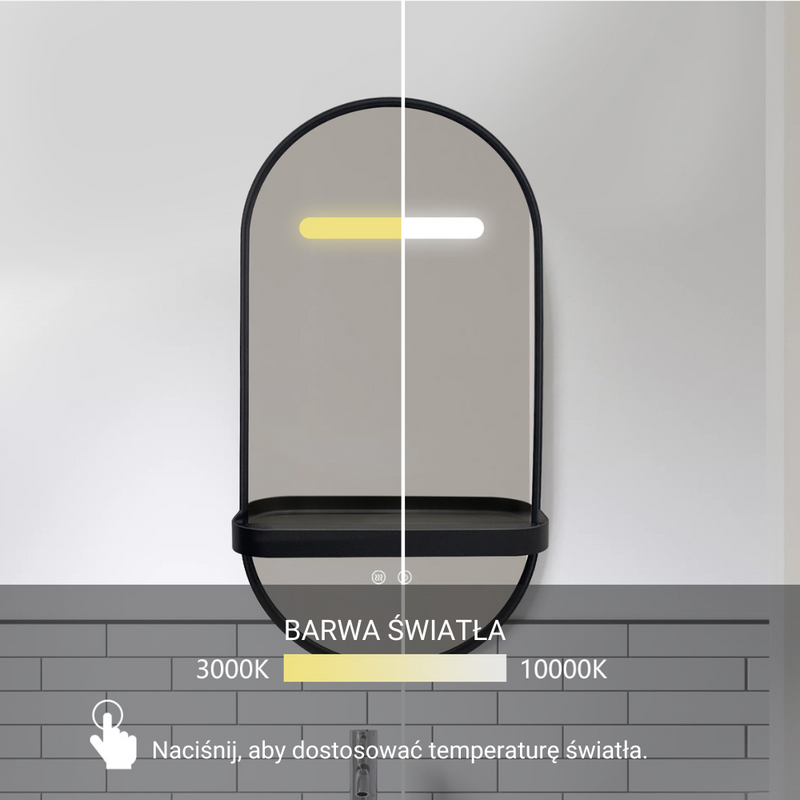 Lustro z półką podświetlane LED 40x60 cm owalne w czarnej ramie HK-1050