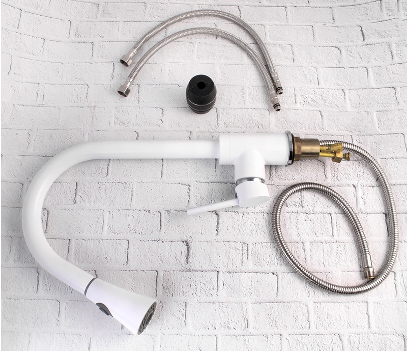 Biała bateria kuchenna wyciągana wylewka wysoka